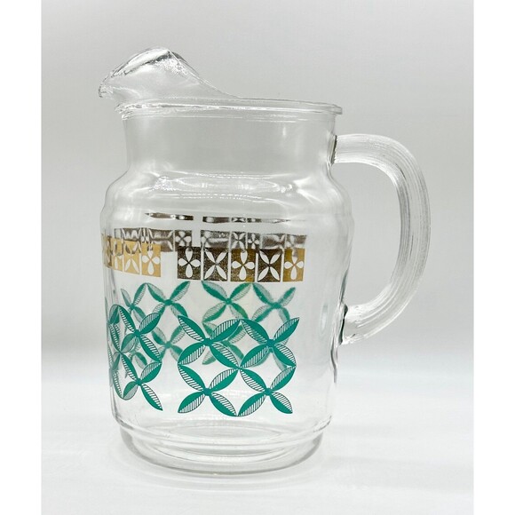 Vintage MCM Federal glass juice carafe jug pitcher gold trim teal green design - Picture 1 of 9